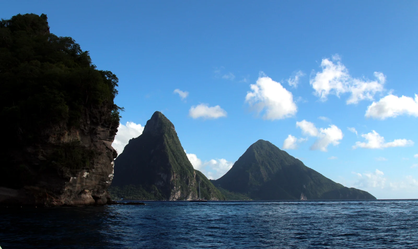 The Pitons rising above the Caribbean coast of Saint Lucia